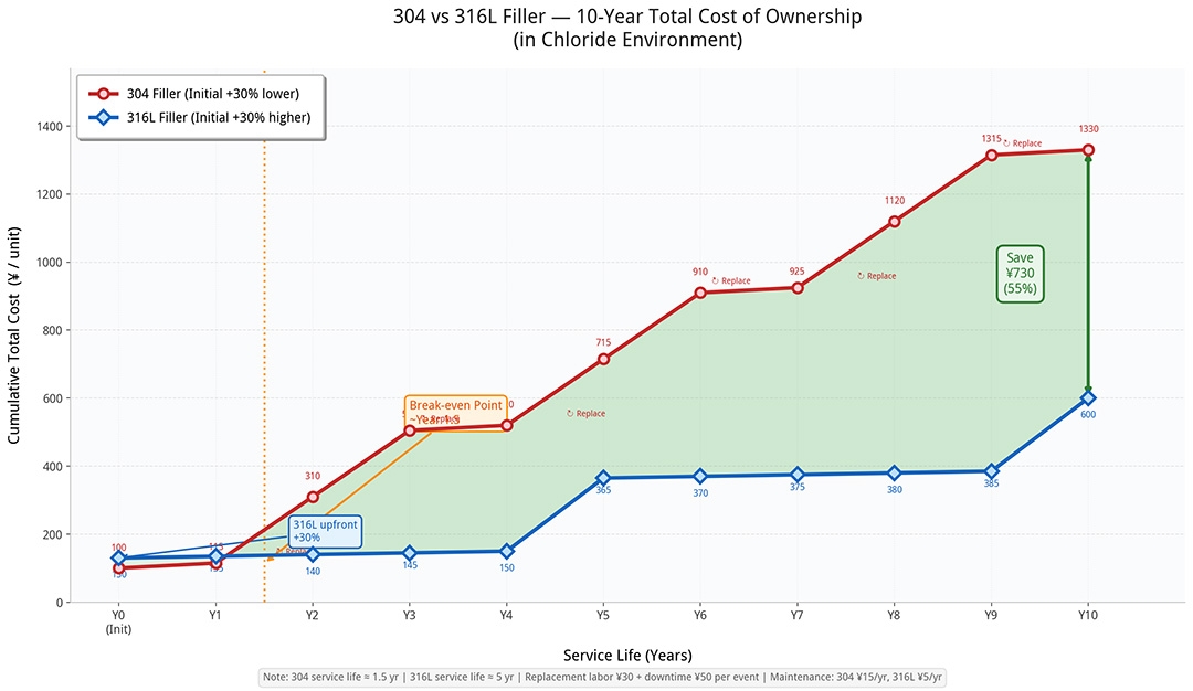 Graph showing long-term cost savings of 316L vs 304 packing over 10 years