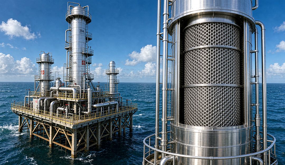 Distillation column on an offshore oil rig requiring 316L stainless steel packing