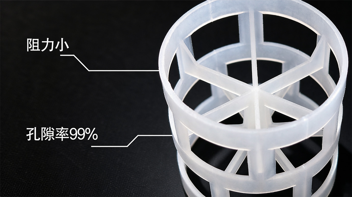 Close-up of plastic Pall Ring showing punched windows and inward-bent fingers that create internal wetting surfaces